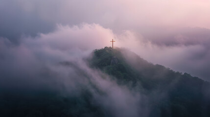 Fototapeta premium serene landscape featuring large cross atop misty hill, surrounded by soft clouds and tranquil atmosphere. scene evokes sense of peace and spirituality