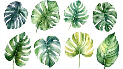 Naklejka premium Watercolor monstera leaves set isolated on white background. Hand drawn illustration