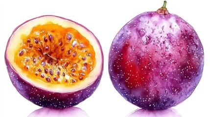 Passion fruit isolated on white background. Watercolor painting. Hand drawn illustration