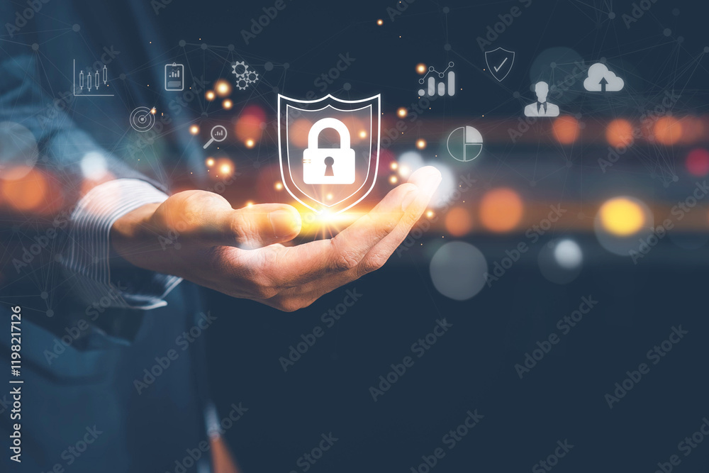 Wall mural lock mark cybersecurity internet, protect attacks from a hacker. concept of password privacy on an o
