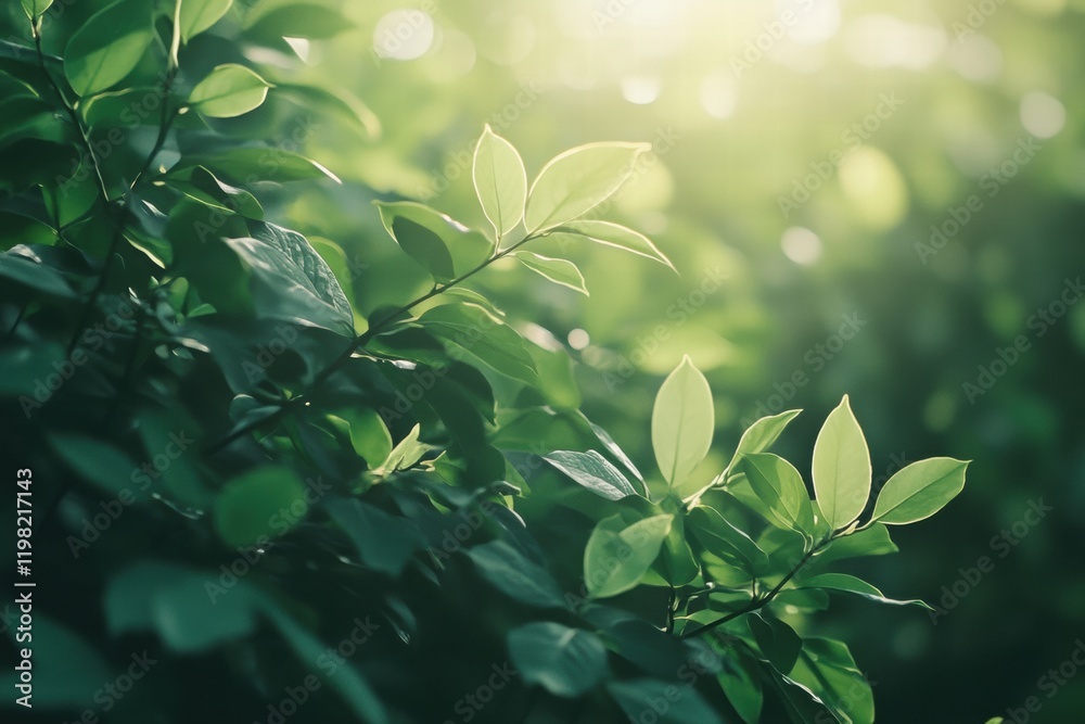 Aufkleber sunlight filters through vibrant green leaves in a tranquil forest setting. generative ai