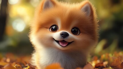 Obraz premium Cute little Pomeranian dog in the autumn park. Cute pet