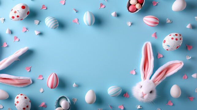 Easter decorations with colorful eggs, bunny ears, and candy on blue background create festive atmosphere. Perfect for spring celebrations and holiday gatherings