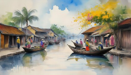 Enchanting Watercolor Scene of Hoi An, Vietnam A Peaceful River Town Bathed in Soft Watercolors with Traditional Lanterns Glowing Amidst Ancient Architecture