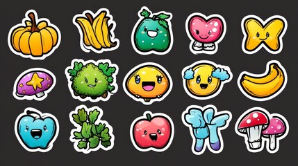 Set of cute cartoon fruits and vegetables stickers. illustration isolated on black background