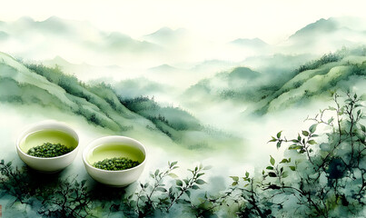 Misty mountain teacups, serene landscape, calm, packaging