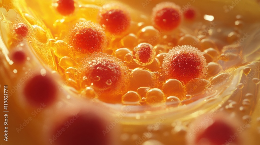 Poster Vibrant 3D render showcasing colorful microbes in a fluid environment under high magnification. Generative AI