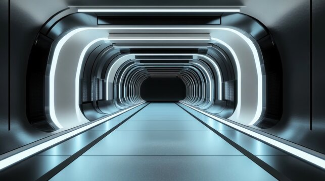 Minimalist Futuristic Tunnel Interior with High Contrast Lighting and Symmetrical Design