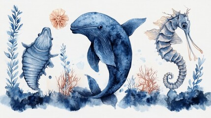 Set of watercolor illustrations of sea animals on a blue background