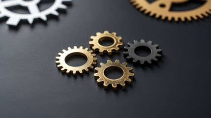 Golden, silver, and black gears arranged on dark surface, showcasing intricate designs and textures. contrast highlights mechanical beauty and functionality of these components