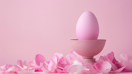 pink egg sits elegantly in pastel holder surrounded by soft petals, creating serene and delicate atmosphere perfect for spring celebrations