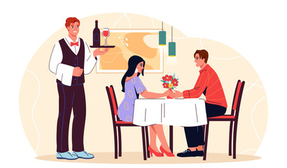Romantic date in restaurant. Man and woman sitting at table with bouquet. Love and romance. Romantic meeting in cafe. Waiter with bottle of wine. Flat vector illustration