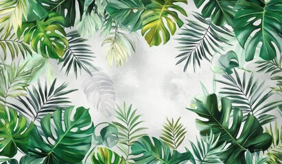 Tropical Leaf Pattern Watercolor Illustration Seamless Design Mural Wallpaper Nature Decor
