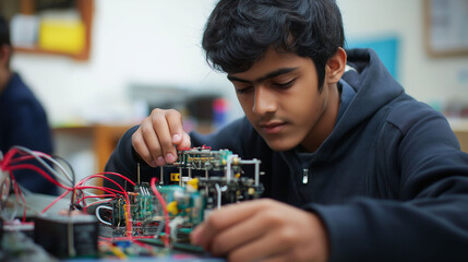 Young Latin American student working on his mechatronics project