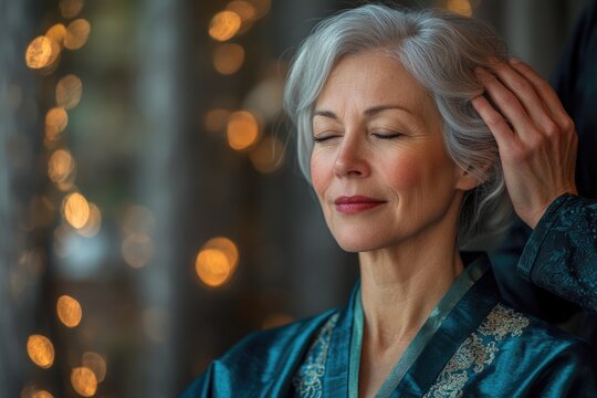 A serene older woman with silver hair receives a relaxing head massage, eyes closed in peaceful enjoyment.