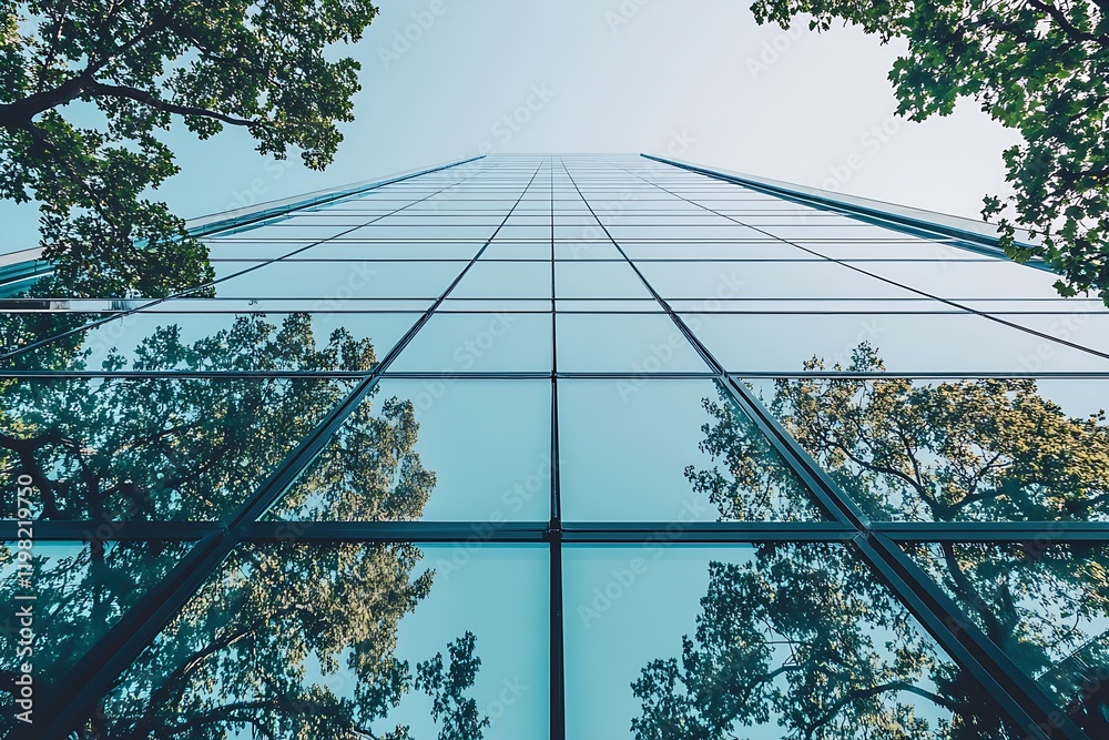 Poster tall glass building reflecting greenery and sky in urban architectural view : generative ai