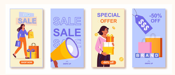 Sale posters set. Special offer, discounts and promotions. Woman with loudspeaker. Marketing and advertisement. Online shopping. Flat vector collection