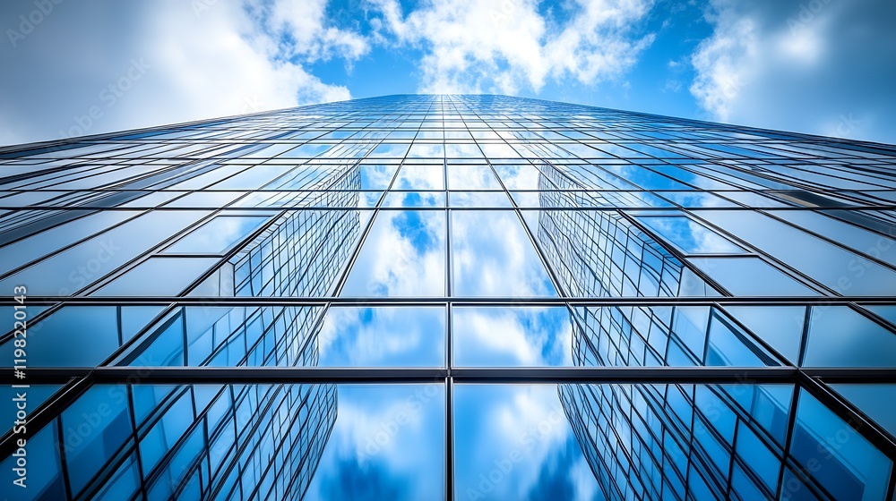 Poster impressive skyscraper reflecting blue sky and clouds in vibrant urban setting : generative ai