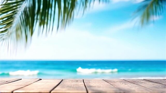 Empty wooden table on the beach, in the background you can see the waves of the beach