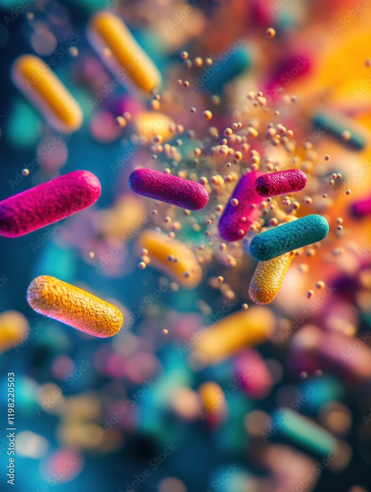 Leinwandbilder abstract visualization of antibiotics interacting with vibrant bacteria in a microscopic environment