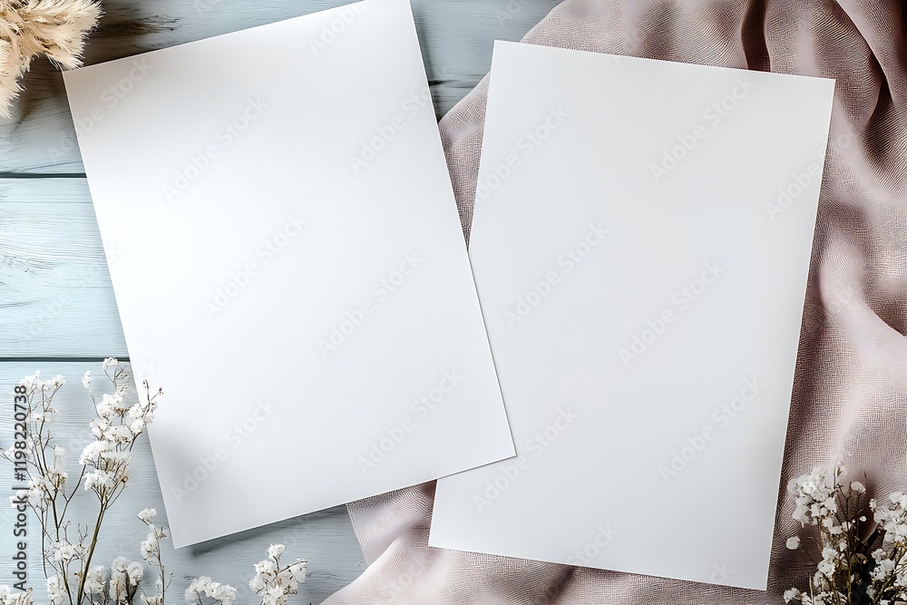 Poster minimalist mockup with two blank papers on rustic wooden table : generative ai