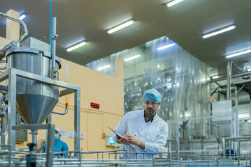 A factory worker inspects advanced machinery in a modern food production facility, ensuring seamless operations and compliance with hygiene and safety standards for efficient manufacturing processes.