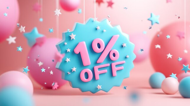 3D render of 1% off sale sign with pastel spheres and stars.