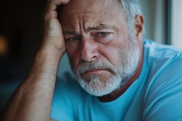 Obraz premium A mature man with a pensive expression reflects on life, illustrating the nuances of human emotions and the struggles many face during challenging times.