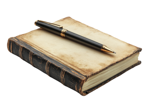 Vintage Ledger Book with Pen on Transparent Background