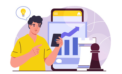 Business strategy concept. Man with smartphone near graphs and chess pieces. Strategy and planning. Entrepreneur and businessman with passive income. Flat vector illustration