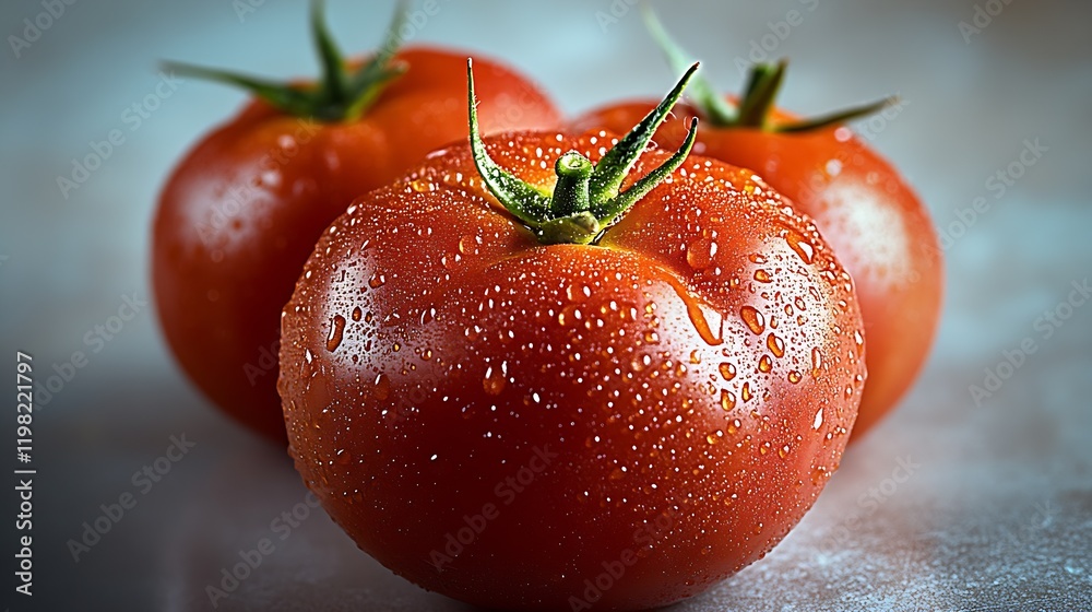 Poster fresh dew-kissed tomatoes glowing vibrantly on a rustic surface : generative ai
