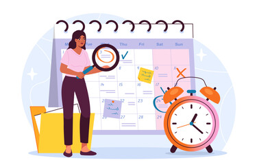 Time management woman. Young girl near clocks and calendar. Efficient work process organization. Planning and scheduling. Hardworking employee in office. Flat vector illustration