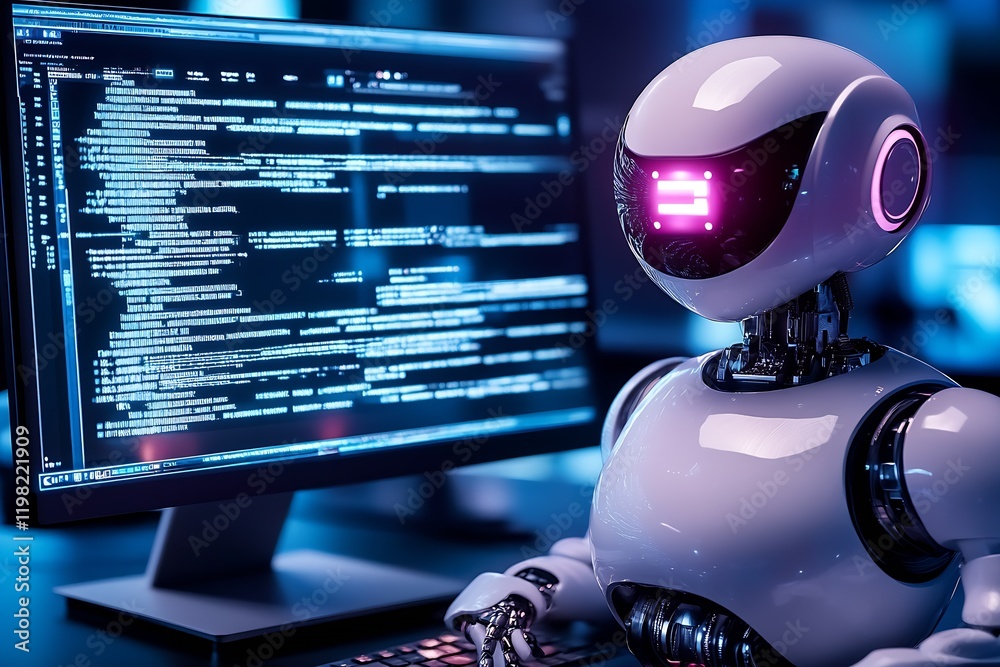 Poster Futuristic Robot Analyzing Code on High-Tech Computer Screen in Modern Office Environment : Generative AI