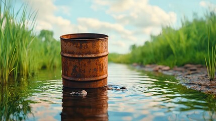 Naklejka premium Rusty Barrel in Calm Water Surrounded by Lush Greenery and Sky