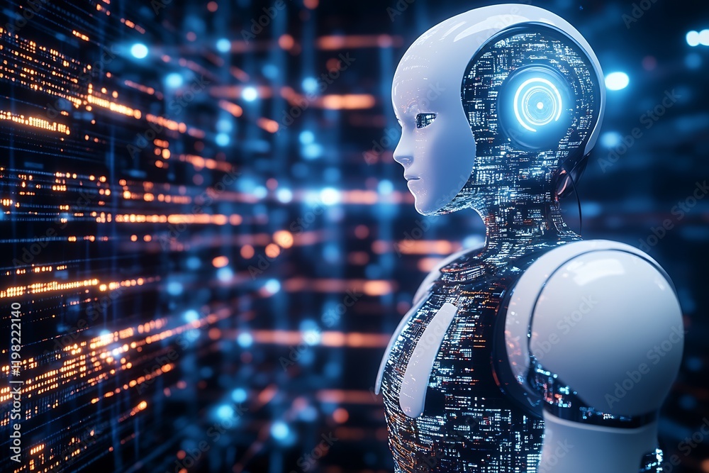 Fototapete Futuristic Humanoid Robot Analyzing Data in a Digital Matrix Environment with Neon Lights : Generative AI