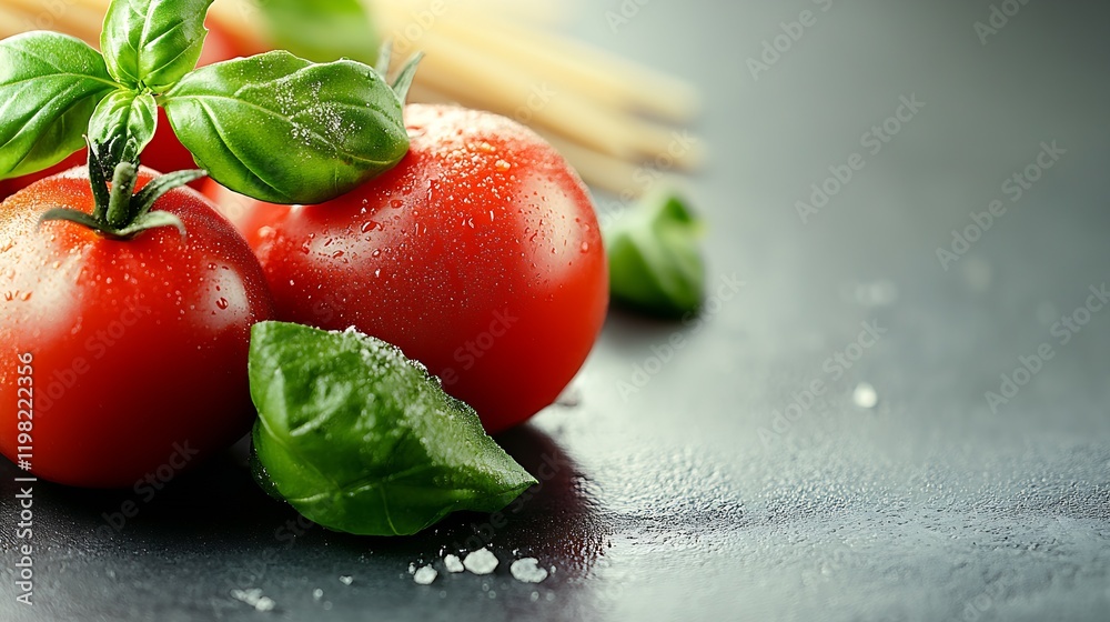 Poster fresh red tomatoes and basil leaves with water drops on black surface : generative ai