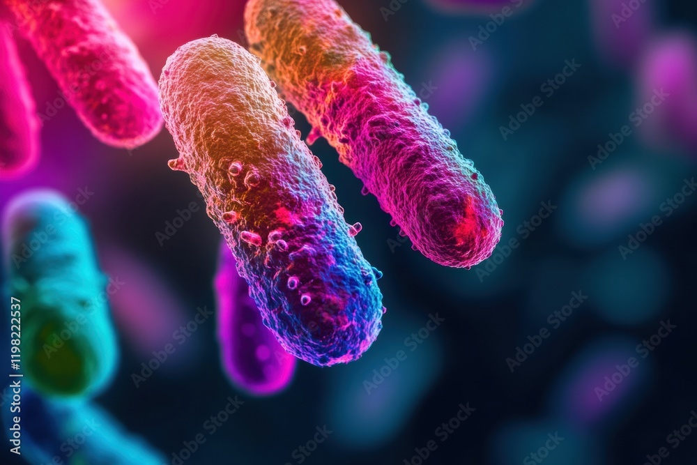 Poster abstract observation of antibiotics interacting with vibrant bacteria in a microscopic view. generat