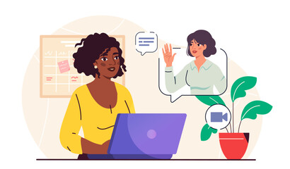 Woman on video conference. Young girl with laptop communicates with her friend via video call. Remote worker and freelancer. Communication on social networks. Flat vector illustration