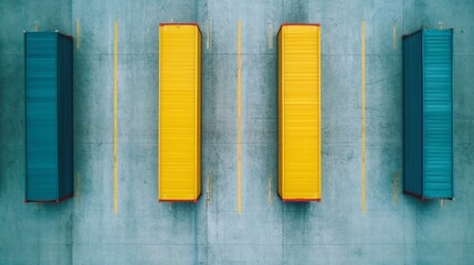 Aerial View of Colorful Shipping Containers in a Warehouse Parking Area with Yellow Lines on Concrete Surface