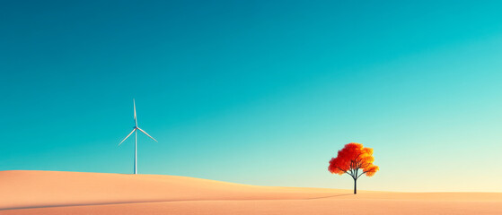 Fototapeta premium A serene landscape featuring a lone orange tree and a wind turbine under a clear blue sky, symbolizing nature and renewable energy.