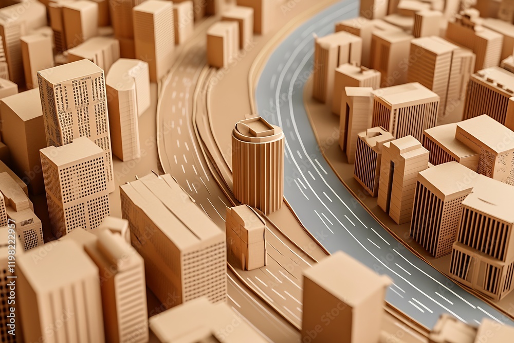 Poster intricate cardboard cityscape model with winding river highlighting urban architecture : generative 