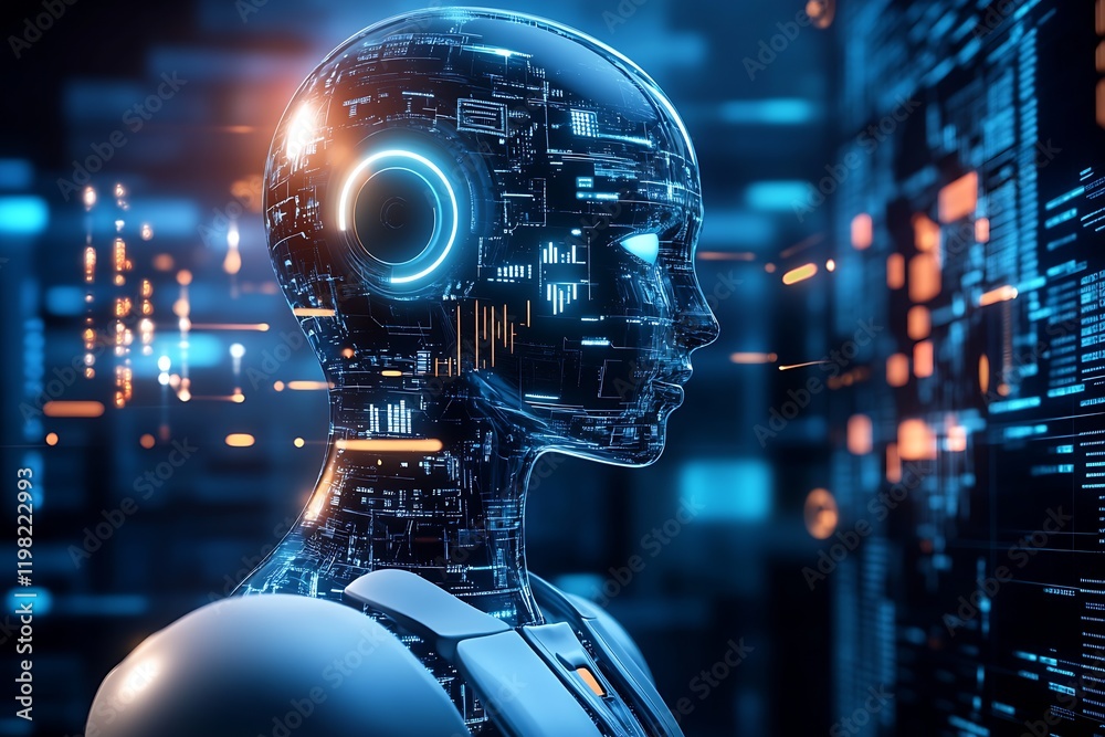 Poster Futuristic Robotic Head Analyzing Digital Data with Technology Driven Interface : Generative AI