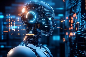 Fototapeta premium Futuristic Robotic Head Analyzing Digital Data with Technology Driven Interface : Generative AI