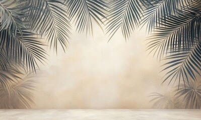 Abstract Tropical Palm Leaves Minimalist Artwork Mural Design, Serene Wall Fresco with Soft Muted Tones