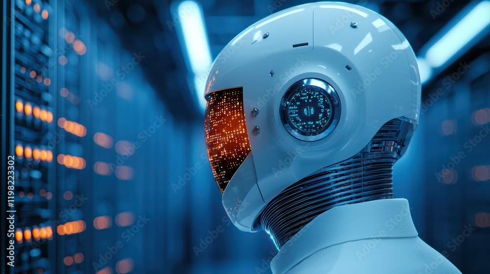 Poster futuristic robot head in data center with glowing display elements