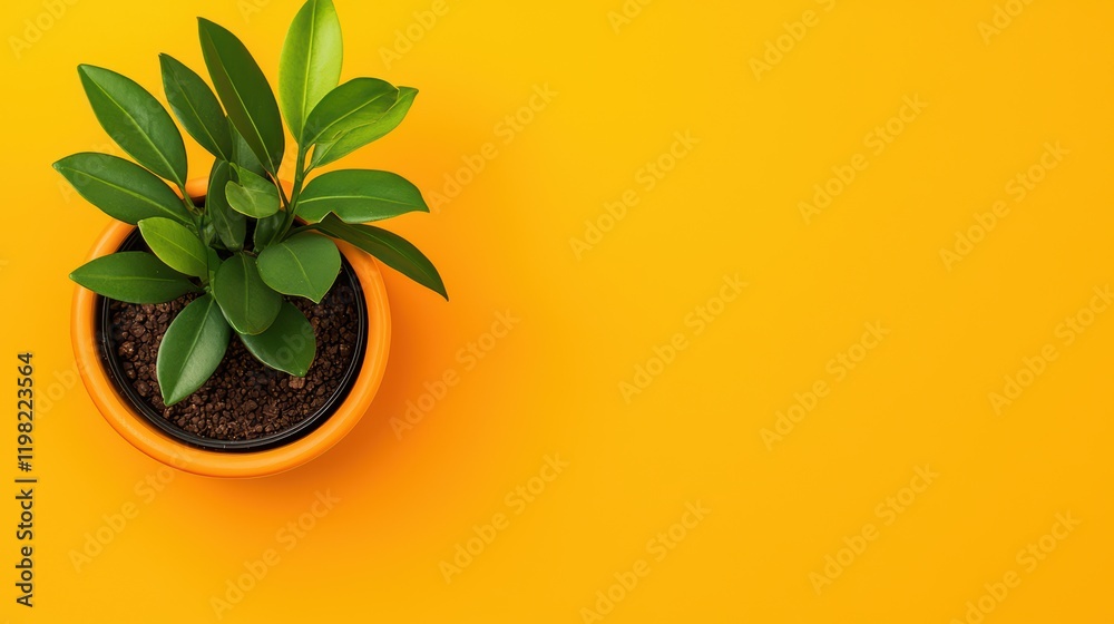 Wall mural Green Plant in Orange Pot on Bright Yellow Background