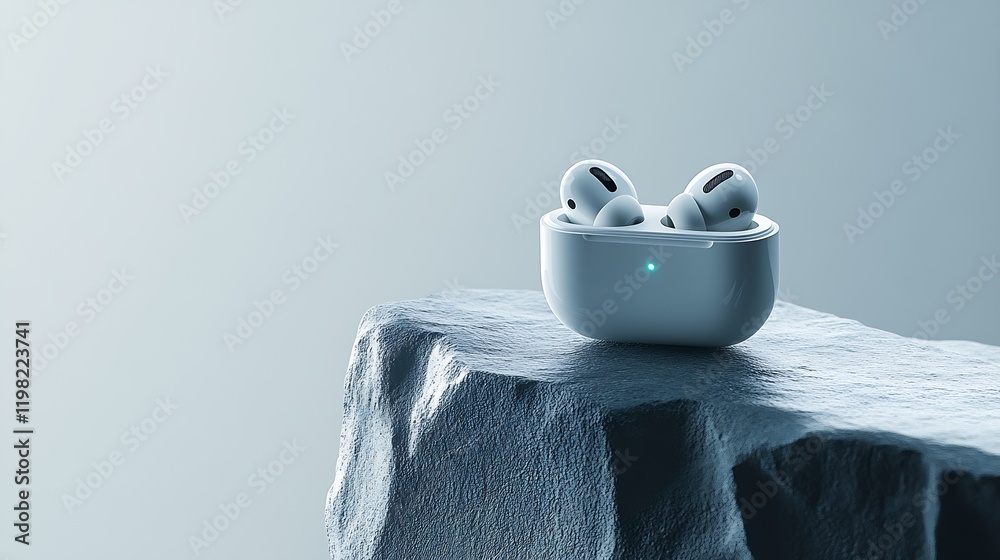 Poster wireless earbuds in charging case on rock for modern tech lifestyle : generative ai