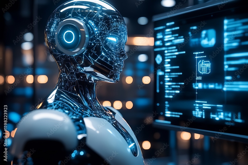 Aufkleber Futuristic Robotic AI Interface with Blue Cybernetic Design in High Tech Environment : Generative AI