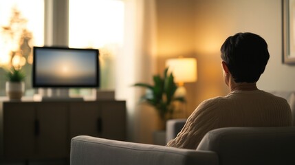 Peaceful Moment of Solitude in a Cozy Living Room with Soft Lighting and a Person Enjoying a Serene Atmosphere Watching Television in the Evening