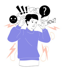 Anxiety boy concept. Mental and psychological problems. Stress and emotional burnout. Young guy in depression and frustration. Exhausted teenager. Linear vector illustration